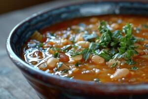 Steaming vegetable and bean soup garnished with fresh herbs in rustic bowl photo