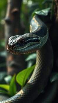 un serpiente es sentado en un rama con hojas foto