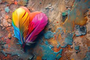 Colorful feathers resting on a heart shaped background on vibrant grunge surface photo