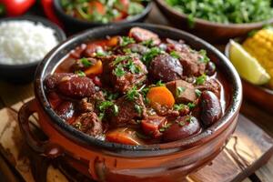 Brazilian feijoada with beef, beans, vegetables, and parsley in clay pot photo