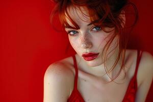 Redhead model posing with red lipstick and red dress on red background photo