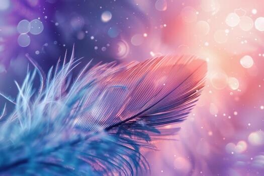 Feather floating on a dreamy pastel background with sparkling bokeh effect photo