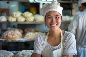 Baker smiling in a bakery with bread and pastry photo