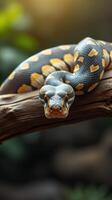A yellow and black snake is sitting on a branch photo