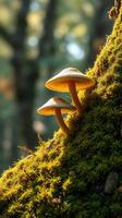 Two mushrooms growing on a moss covered tree photo