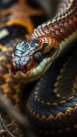 A close up of a snake with its head turned to the side photo