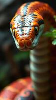 A close up of a snake with orange and black stripes photo