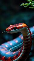 A red and black snake with a green plant photo