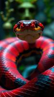 A red and black snake with a green head photo