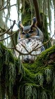 A large owl sitting in a tree photo