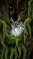 A large owl sitting in a tree with moss photo