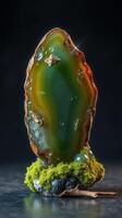 A green and orange agate on a mossy surface photo