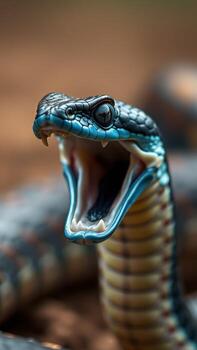 A blue and black snake with its mouth open photo