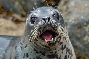 Harbor seal opening mouth showing teeth on beach photo