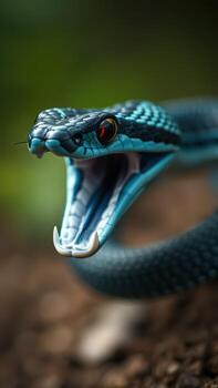 un azul serpiente con sus boca abierto foto