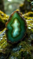 A green and blue agate on a rock photo