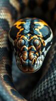 A close up of a snake's head with a black and orange pattern photo