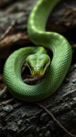 A green snake with its head turned to the side photo