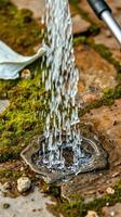 A person using a hose to spray water on a rock photo
