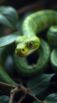 un verde serpiente es sentado en un rama foto