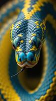 A close up of a snake with blue and yellow stripes photo