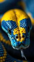 A close up of a blue and yellow snake photo