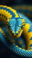 A close up of a blue and yellow snake photo