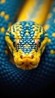 A close up of a blue and yellow snake photo