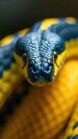 A close up of a snake with blue and yellow stripes photo