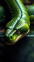 A green snake with red eyes on a black background photo