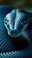 A close up of a blue snake with its head turned to the side photo
