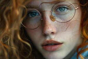 Portrait of redhead freckled girl wearing round glasses and showing emotions photo