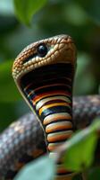 A close up of a snake with a colorful stripe photo