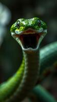 A green snake with its mouth open photo