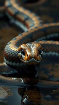 A snake with a long tail and a black and white head photo
