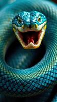 A blue snake with its mouth open photo
