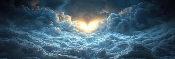 A heart shaped cloud in the sky with a sun shining through photo