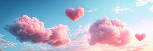 Pink clouds in the sky with hearts floating in them photo