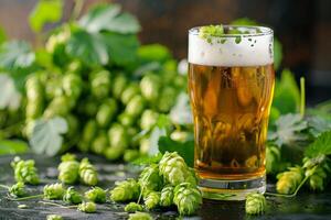 Glass of cold beer with hop cones and leaves on dark table photo