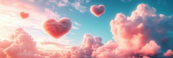 Pink hearts floating in the sky above clouds photo