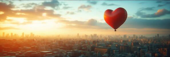 A heart shaped balloon floating over a city photo