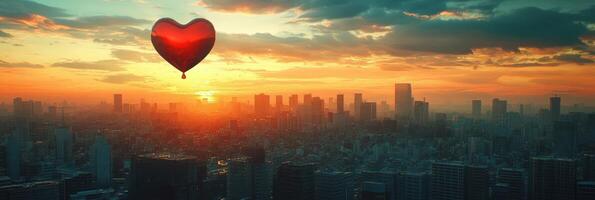 A heart shaped balloon floating over a city photo