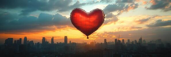 A heart shaped balloon floating over a city skyline photo