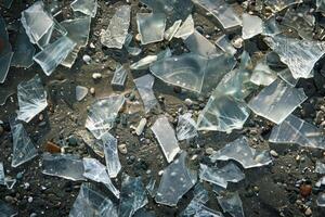 Broken glass shards scattered on sandy beach creating environmental hazard photo