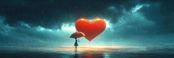 A person holding an umbrella and standing in the rain with a heart shaped object photo