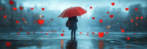 A woman with an umbrella standing in the rain with hearts falling from the sky photo