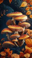 A group of mushrooms in the forest with autumn leaves photo