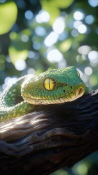 un verde serpiente es sentado en un rama foto