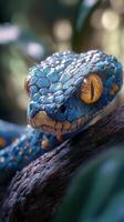 A blue snake with yellow eyes is sitting on a branch photo