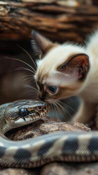A cat and a snake are playing together photo